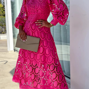 Elegant Boho Eyelet Mock Neck Long Sleeves Evening Maxi Dress