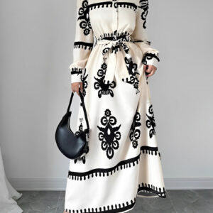 Lantern Long Sleeve Collar Boho Print Maxi Dress