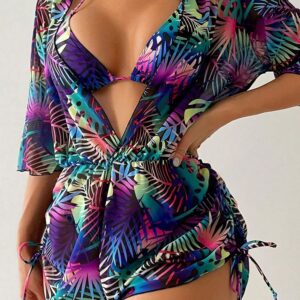 3 Pieces Halter Lace-Up Bikinis & Printed Beach Cover Ups Set