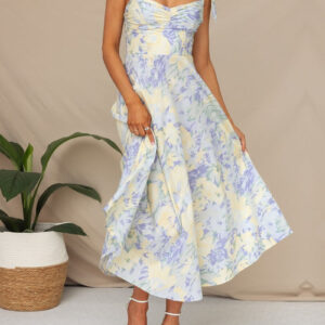 Boho All-Over Bloom Print Floral Adjustable Lace-Up Sleeveless A-Line Midi Dress