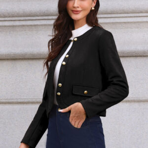 Crew Neck Long Sleeve Button Down Casual Cropped Jacket