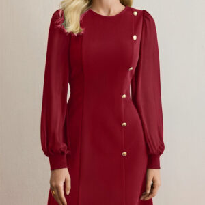 Classic Round Neck with Timeless Button Front Long Sleeve A-Line Casual Dress