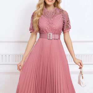 Elegant Vintage-Inspired Lace Patchwork Belted Pleated Midi Dress