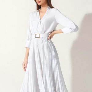 Elegant Solid Color Shirt Tailored Collar Pleated Belted Midi Dress
