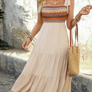 Bohemian Floral Embroidery Boho Sleeveless Tiered Midi Beach Dress Sundress