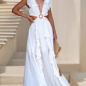 Boho Backless Lace-up Ruffled Cut Out Slit Maxi Dress