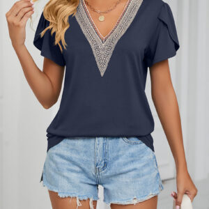 Lace Trim V Neck Short Sleeves Casual Blouse