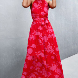Floral Halter Sleeveless Tiered Maxi Dress