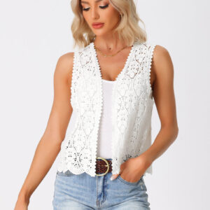 Floral Crochet Hollow Out Sleeveless Open Front Boho Vest Cardigan
