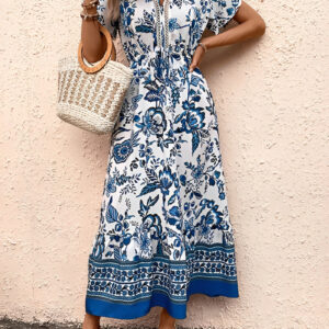 Floral Boho Short Sleeves A-Line Maxi Dress
