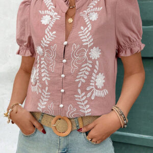 Floral Embroidered Rufffled Short Sleeve Blouse