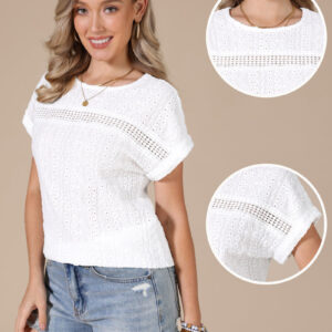 Eyelet Short Sleeve Hollow Out Summer Casual Top