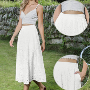 Cotton Eyelet Boho High Waisted A-Line Flowy Midi Skirts