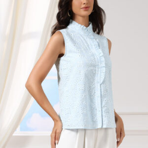 Cotton Eyelet Ruffled Mock Neck Button Down Sleeveless Blouse