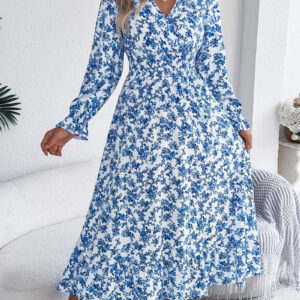 Floral Ruffle Long Sleeves Smocked Waist Midi Dress