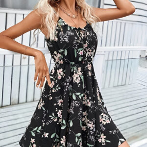 Floral Spaghetti Strap Lace-Up Mini A-Line Dress