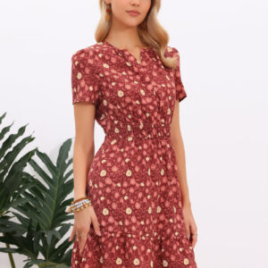 Floral Notch Neck Smocked Waist Above the Knee Tiered Dress