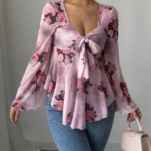 Floral Lace-Up Bow Long Sleeve Babydoll Blouse