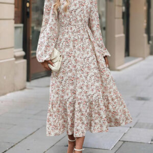 Floral Round Neck Puff Long Sleeve Midi Dress