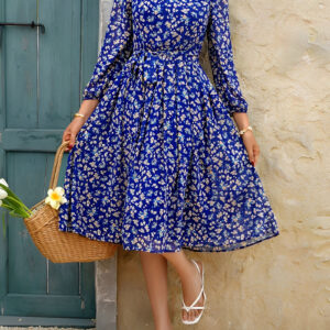 Crew Neck Puff 3/4 Sleeves Floral Midi A-Line Dress