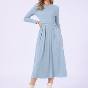 Crew Neck Long Sleeve Pocketed A-Line Sweater Dresses