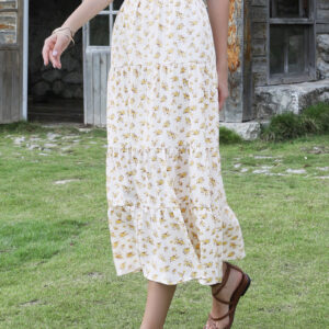 Floral Elastic Waisted Slit A-Line Tiered Long Skirts