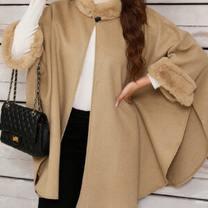 Faux Fur Collar Solid Color Cape Cloak Coat