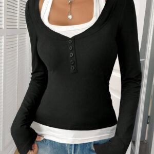 Fake-Two-Piece Color Blocked Stretch Long Sleeves Top