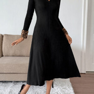 Faux Fur Leopard Patchwork Textured Midi Dress