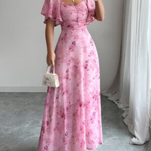 Floral Print Ruffled Sleeve Ruched Wedding Maxi Dress