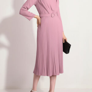 Crew Neck Long Sleeves Belted Pleated Midi Work Dress