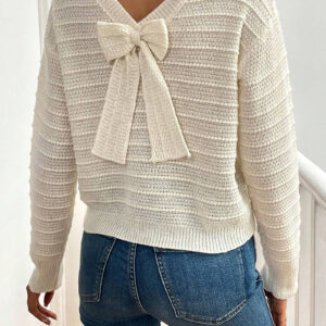 Crew Neck Long Sleeves Back Bow Casual Sweater