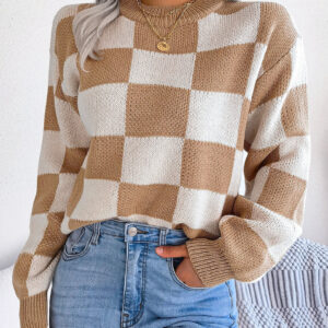 Colorblocked Checkered Long Sleeve Pullover Knit Sweater