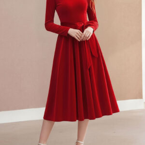 Christmas Velvet V Neck Long Sleeves Midi A-Line Dress