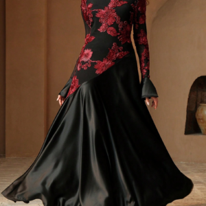 Floral Patchwork Long Sleeve Satin Maxi Evening Dress