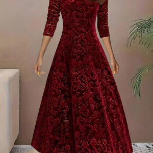 Floral Jacquard Long Sleeve Square Neck Velvet A-Line Dress