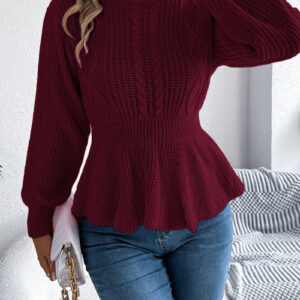 Crew Neck Long Sleeves Cable Knit Peplum Sweater