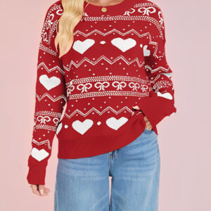 Casual Knitwear Long Sleeve Heart Print Pullover Sweater