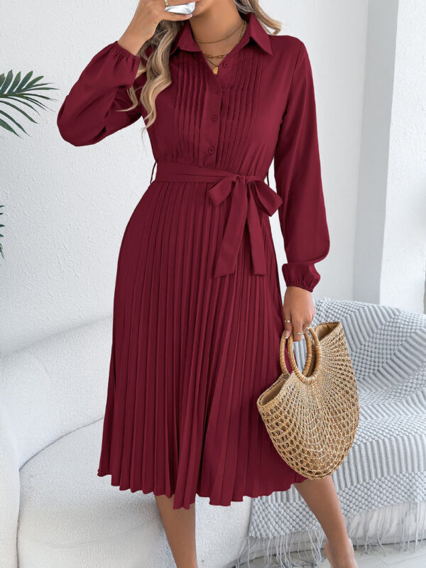 Collared Long Sleeve Belted Pleated Midi Shirt Dress thumbnail 1