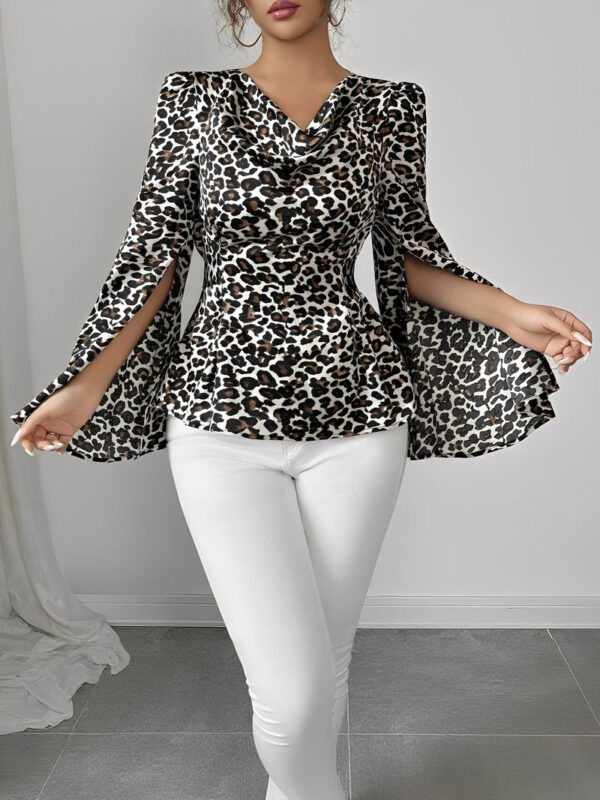 Cowl Neck Leopard Print Split Long Sleeve Blouse
