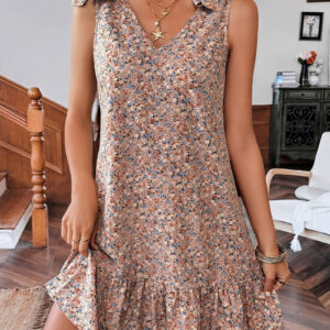Bow Floral V Neck Sleeveless Mini Dress