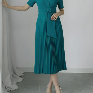 Lapel Belted Solid Color Pleated Midi Work Dress
