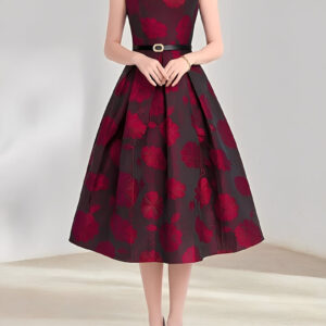 Floral Jacquard Sleeveless A-Line Belted Midi Dress
