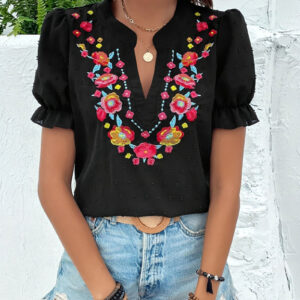 Floral Embroidered Swiss Dots Puff Sleeves Blouse