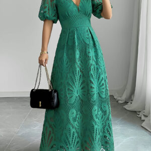 Lace V Neck Puff Sleeves A-Line Maxi Dress