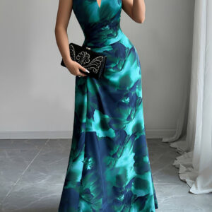 Halter Neck Ruched Floral Maxi Evening Prom Dress