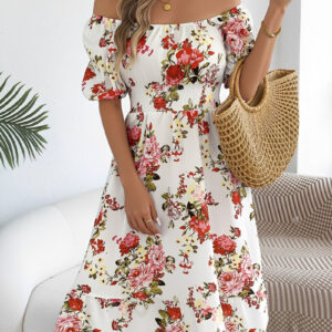 Floral Off-the-Shoulder Puff Sleeve Ruffled A-Line Dress