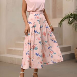 2 Pieces Cap Sleeves Cropped Top & Floral Midi Dress Matching Set