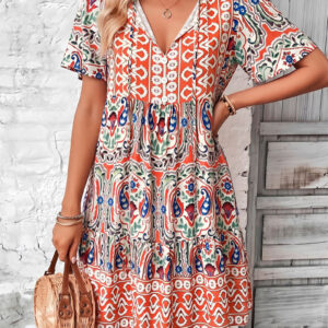 Boho Printed V Neck Loose Fitting Mini Dress