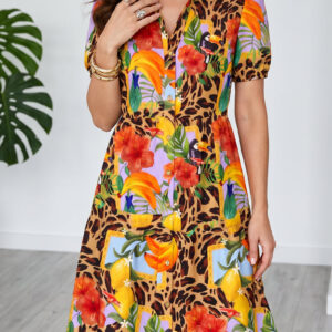 Floral Printed Short Sleeves A-Line Shirt Dress
